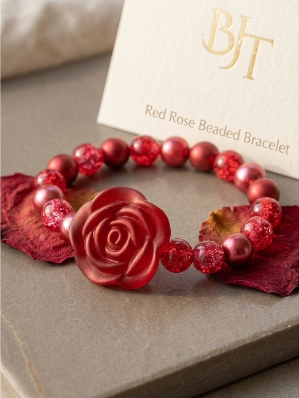 Red Rose Beaded Bracelet Handcrafted Crimson Flower Romantic Gift BRJ - Picture 5 of 5